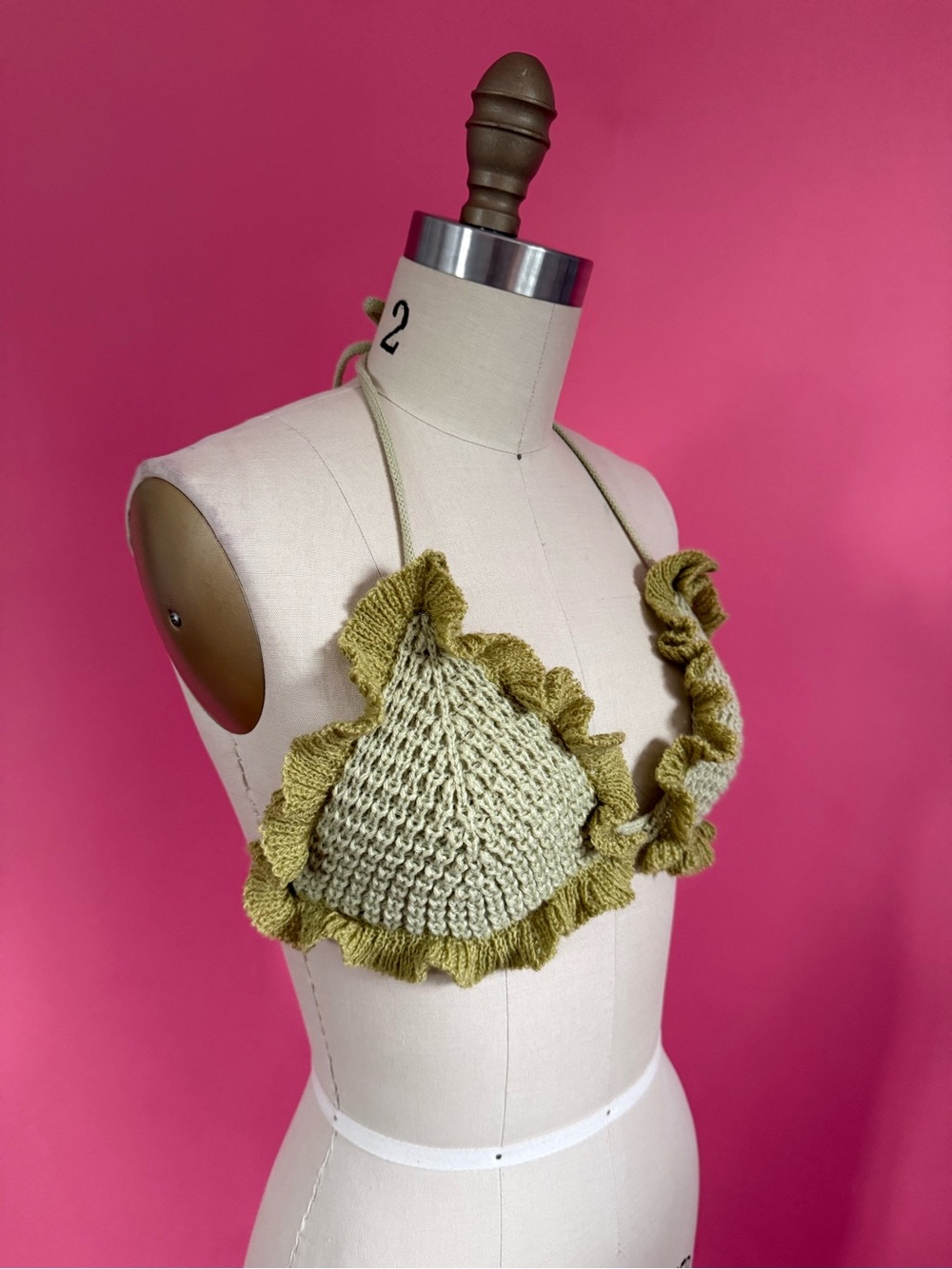 Darling Crochet Knit Coquette Tonal Green Ruffled Bustier Strappy Bikini Top - L